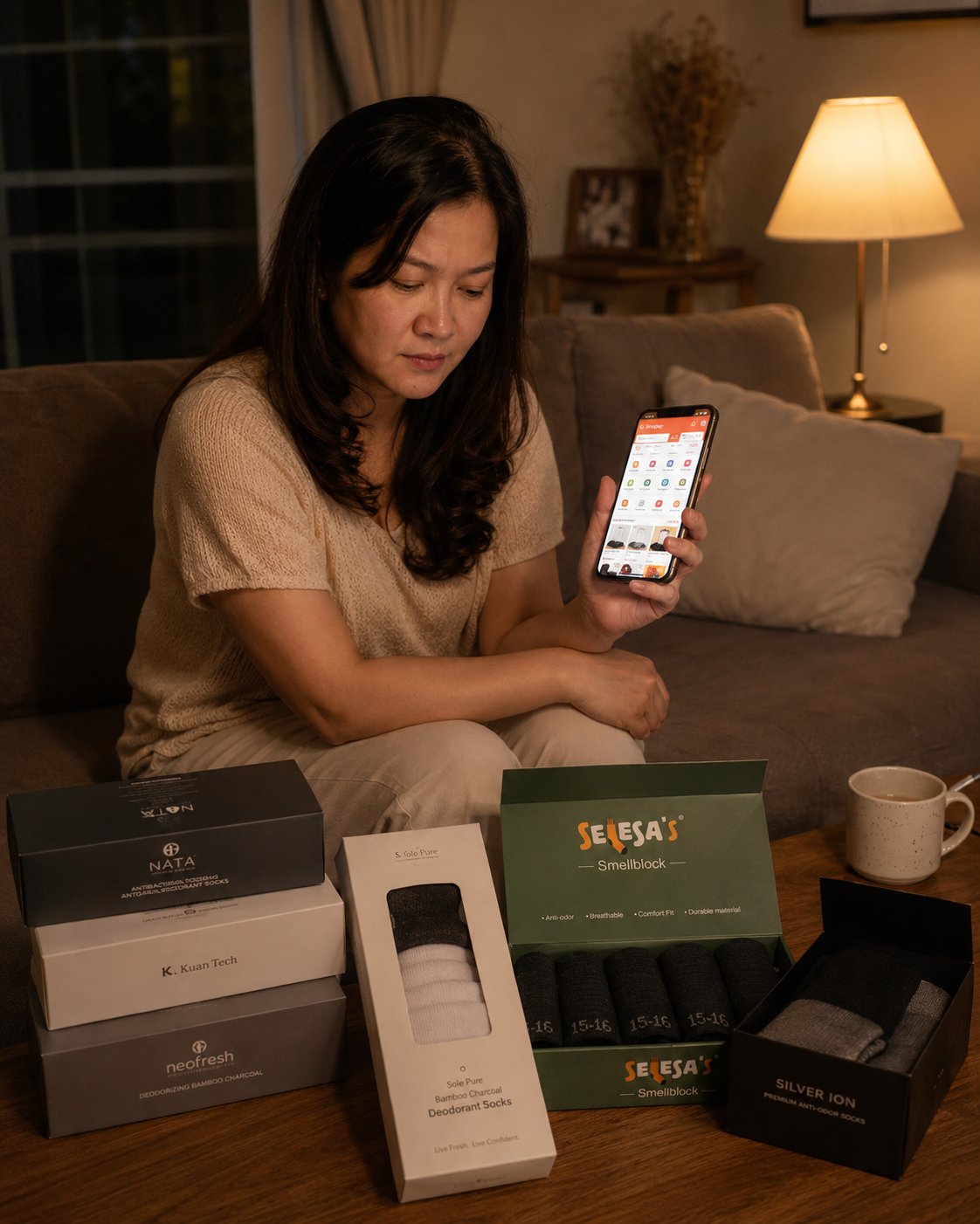 Mei Ling skeptically scrolling sock options on Shopee evening
