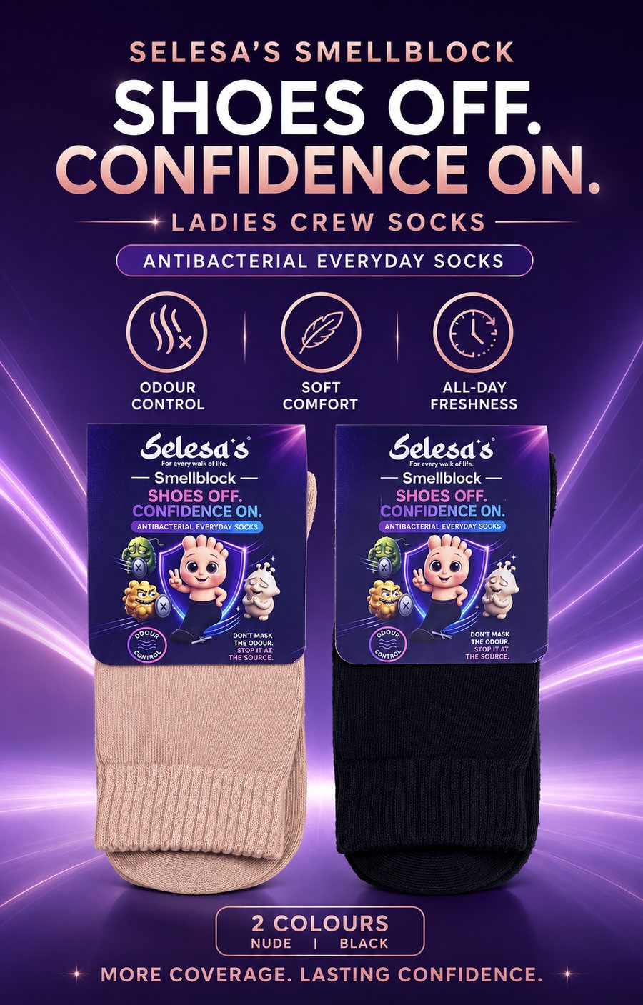 SELESA'S SMELLBLOCK ladies socks in nude beige and classic black