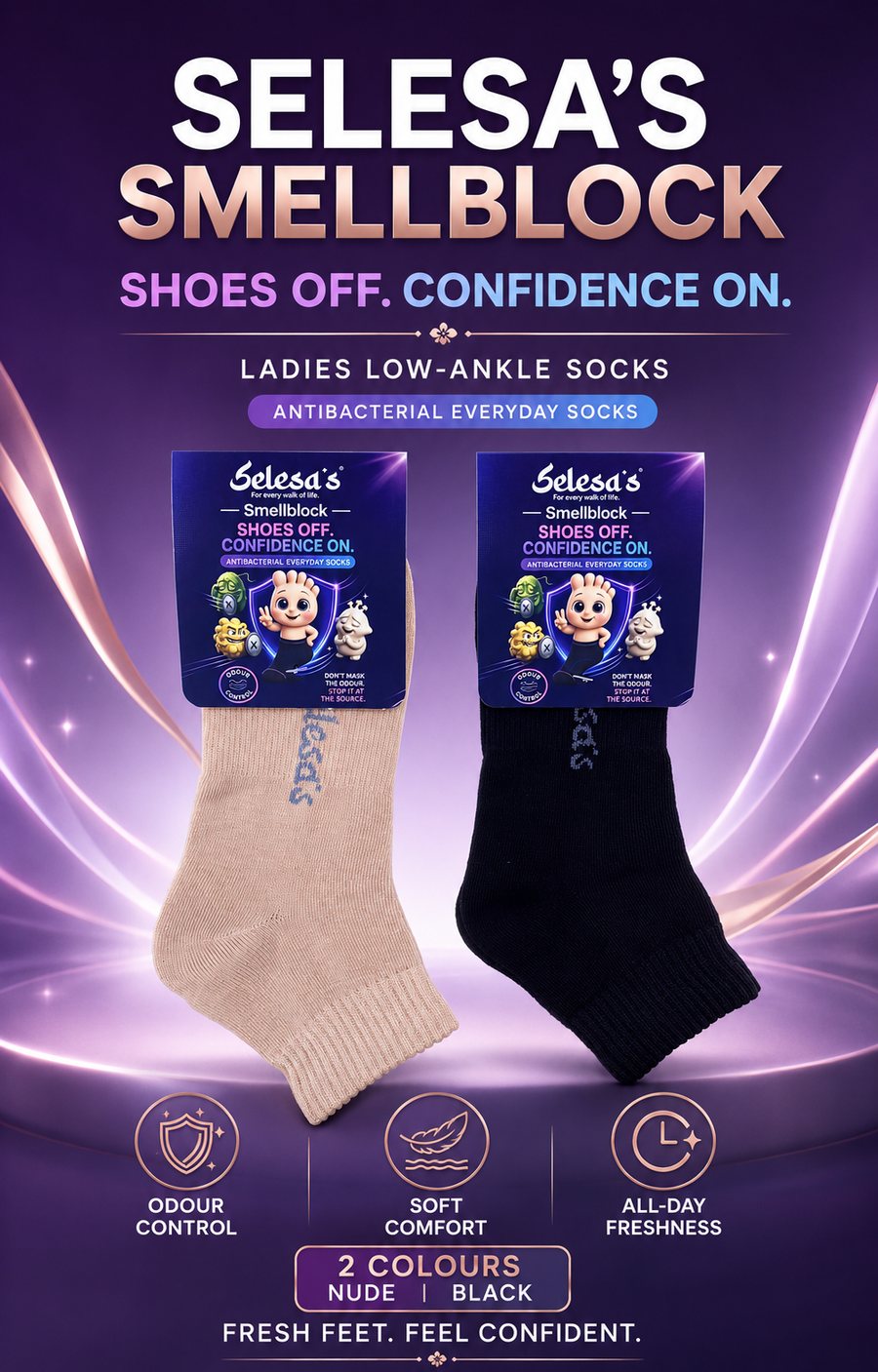 SELESA'S SMELLBLOCK ladies low-ankle socks in nude and black