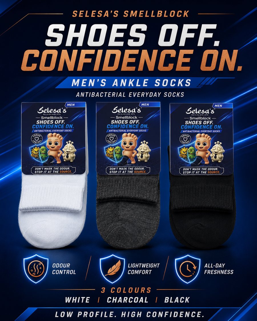 SELESA'S SMELLBLOCK men's ankle socks in white, charcoal and black