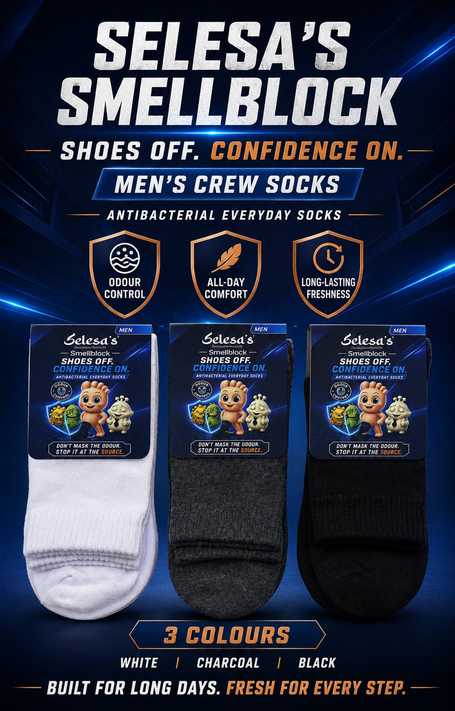 SELESA'S SMELLBLOCK men's socks in white, charcoal and black