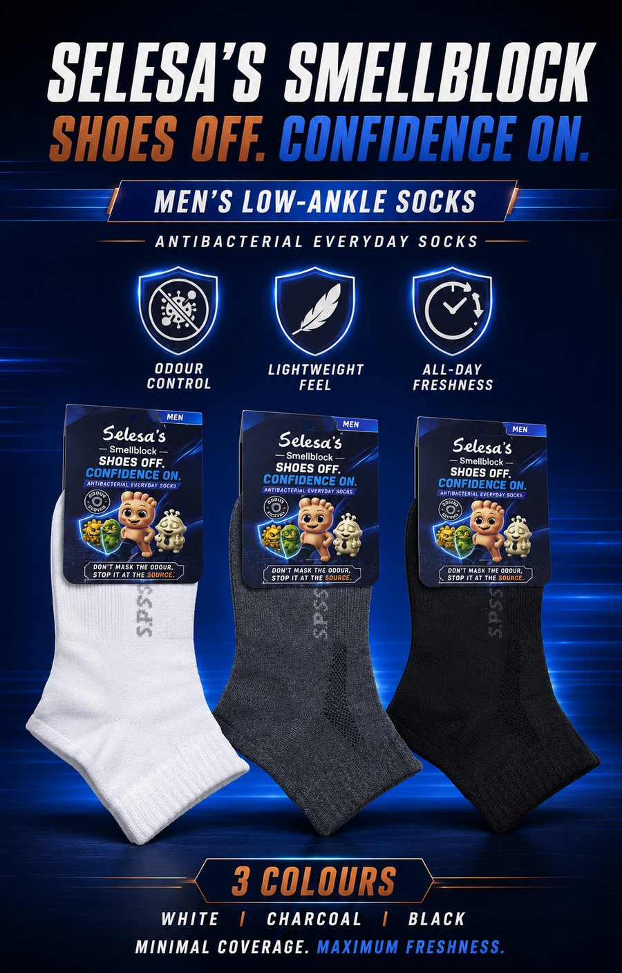SELESA'S SMELLBLOCK men's low-ankle socks in white, charcoal and black