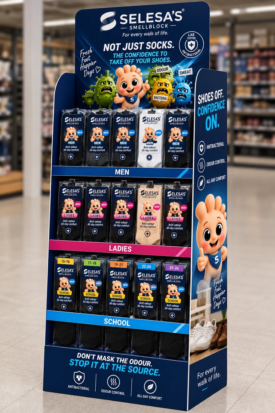 SELESA'S SMELLBLOCK floor stand in a store, showing the MEN, LADIES and SCHOOL sections
